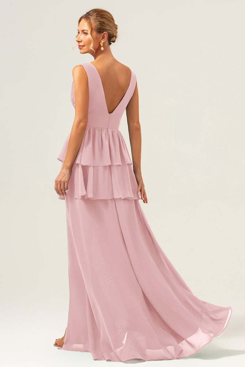 Load image into Gallery viewer, Eucalyptus A Line V Neck Corset Tiered Satin Long Bridesmaid Dress with Slit