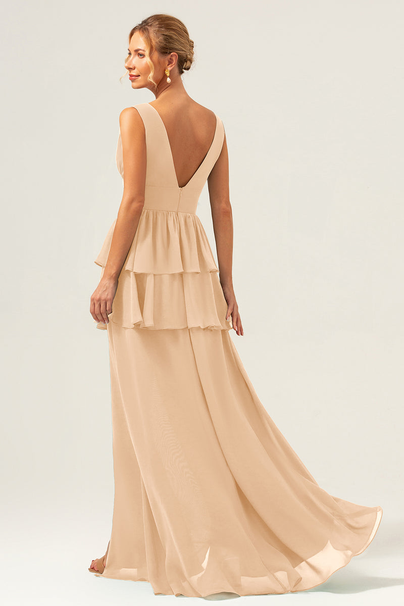 Load image into Gallery viewer, Eucalyptus A Line V Neck Corset Tiered Satin Long Bridesmaid Dress with Slit