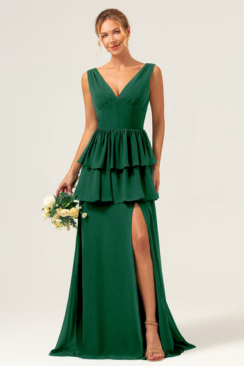 Eucalyptus A Line V Neck Corset Tiered Satin Long Bridesmaid Dress with Slit