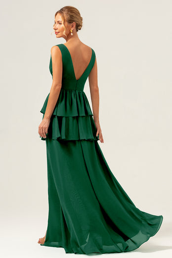 Eucalyptus A Line V Neck Corset Tiered Satin Long Bridesmaid Dress with Slit