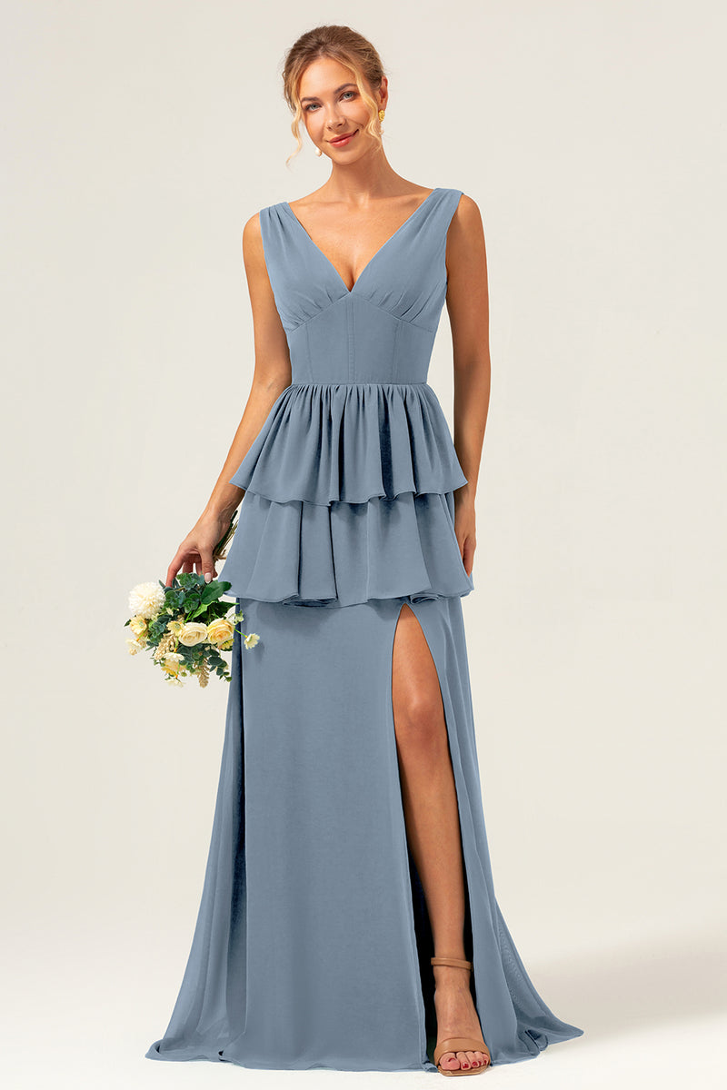 Load image into Gallery viewer, Eucalyptus A Line V Neck Corset Tiered Satin Long Bridesmaid Dress with Slit