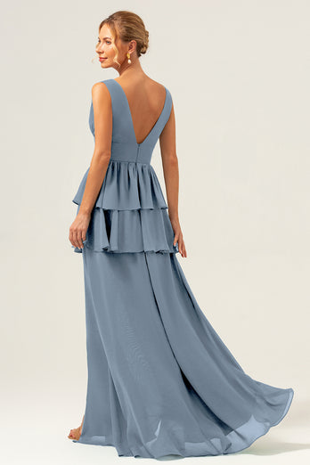 Eucalyptus A Line V Neck Corset Tiered Satin Long Bridesmaid Dress with Slit