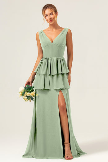 Eucalyptus A Line V Neck Corset Tiered Satin Long Bridesmaid Dress with Slit