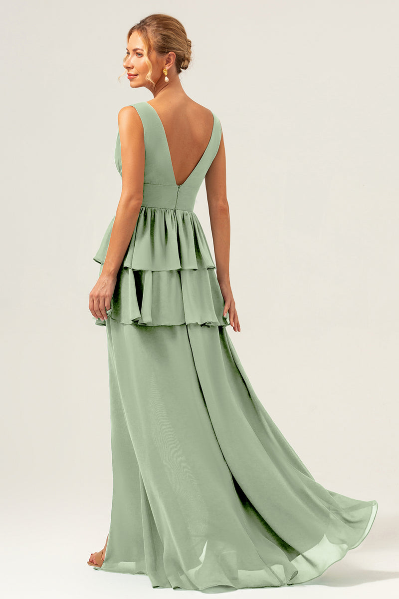 Load image into Gallery viewer, Eucalyptus A Line V Neck Corset Tiered Satin Long Bridesmaid Dress with Slit