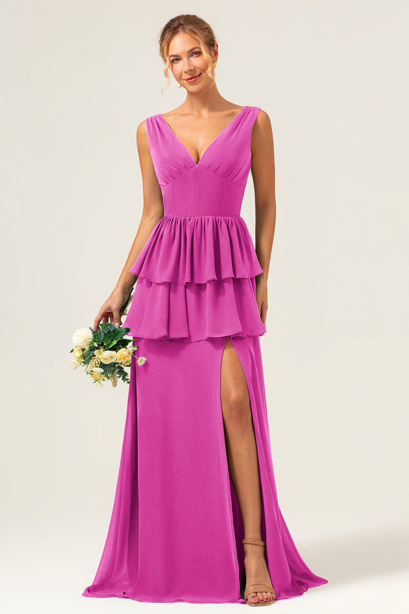 Load image into Gallery viewer, Eucalyptus A Line V Neck Corset Tiered Satin Long Bridesmaid Dress with Slit