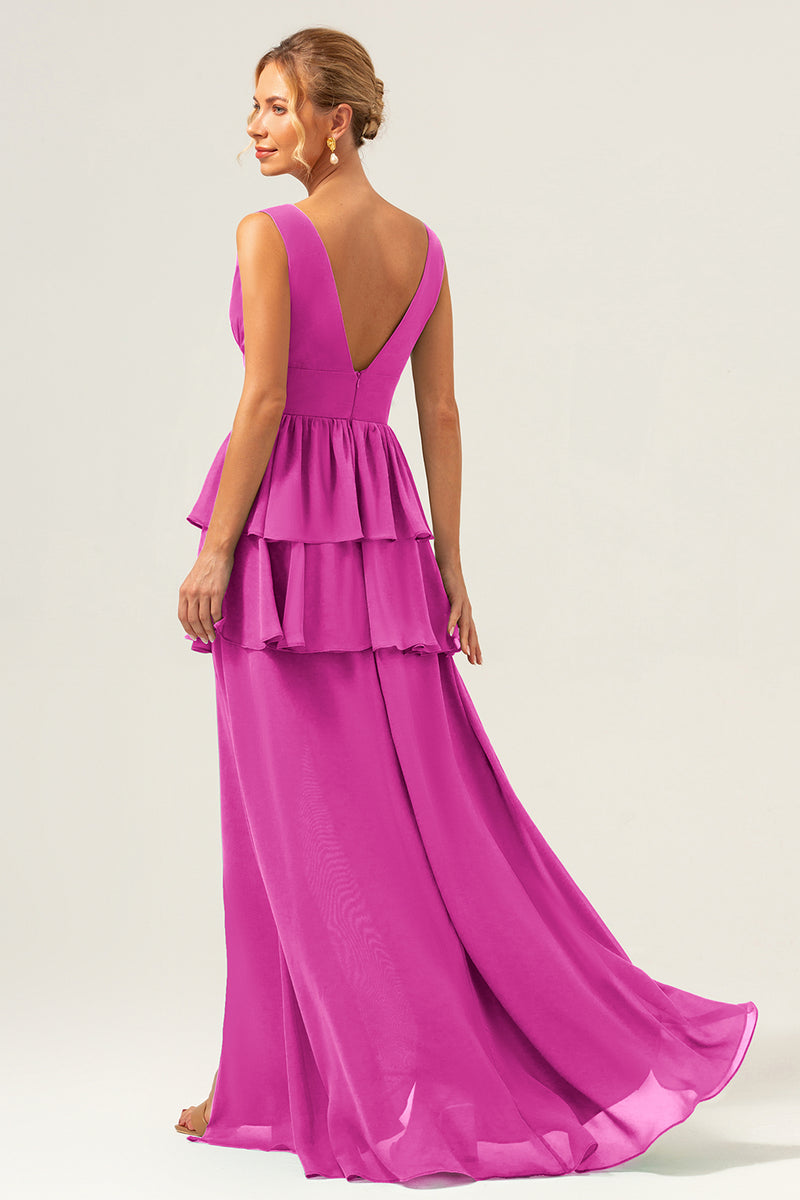 Load image into Gallery viewer, Eucalyptus A Line V Neck Corset Tiered Satin Long Bridesmaid Dress with Slit