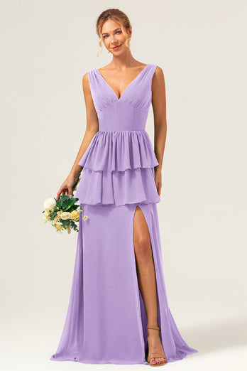 Eucalyptus A Line V Neck Corset Tiered Satin Long Bridesmaid Dress with Slit