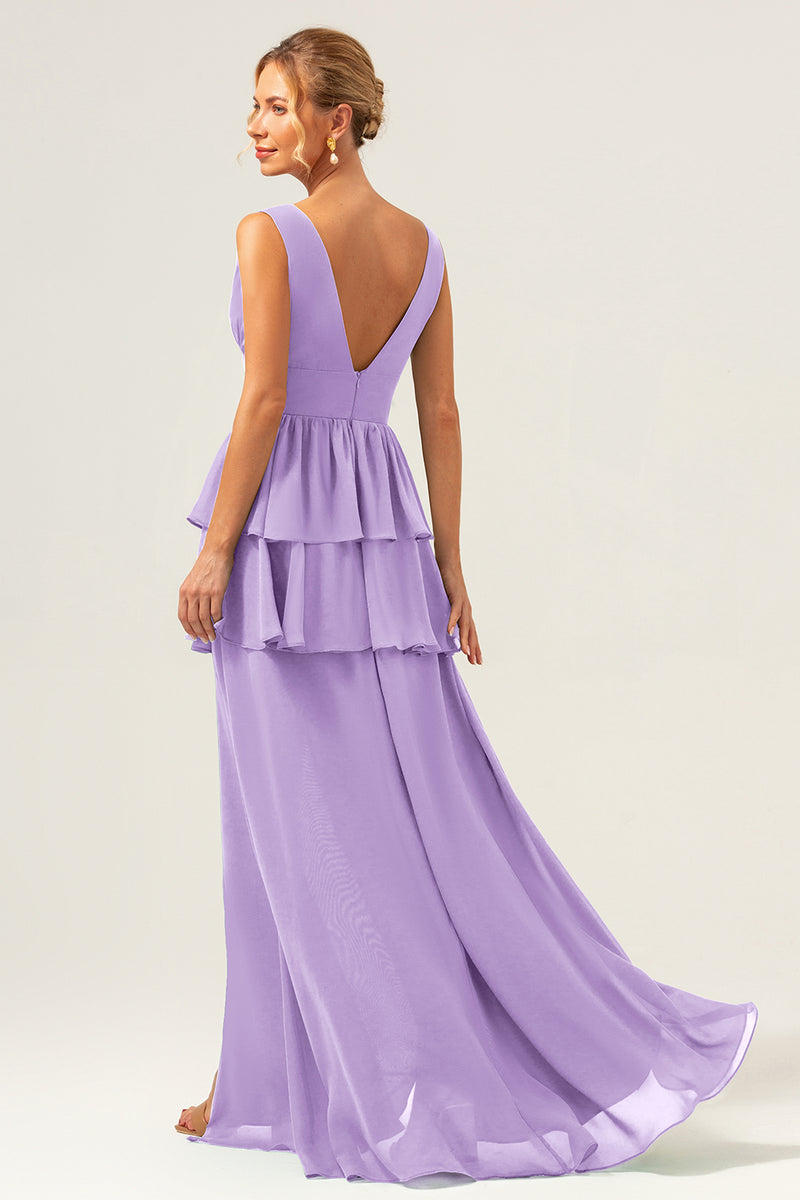 Load image into Gallery viewer, Eucalyptus A Line V Neck Corset Tiered Satin Long Bridesmaid Dress with Slit