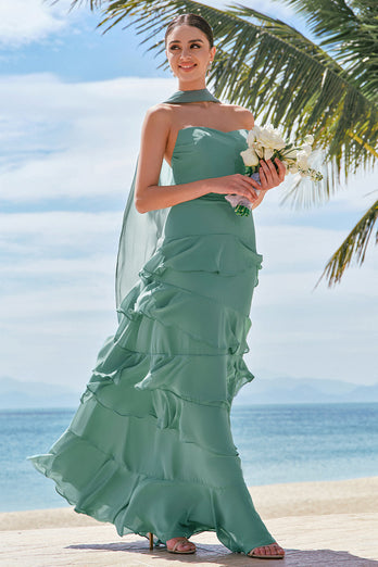 Eucalyptus A Line Strapless Ruffled Long Bridesmaid Dress with Ribbon