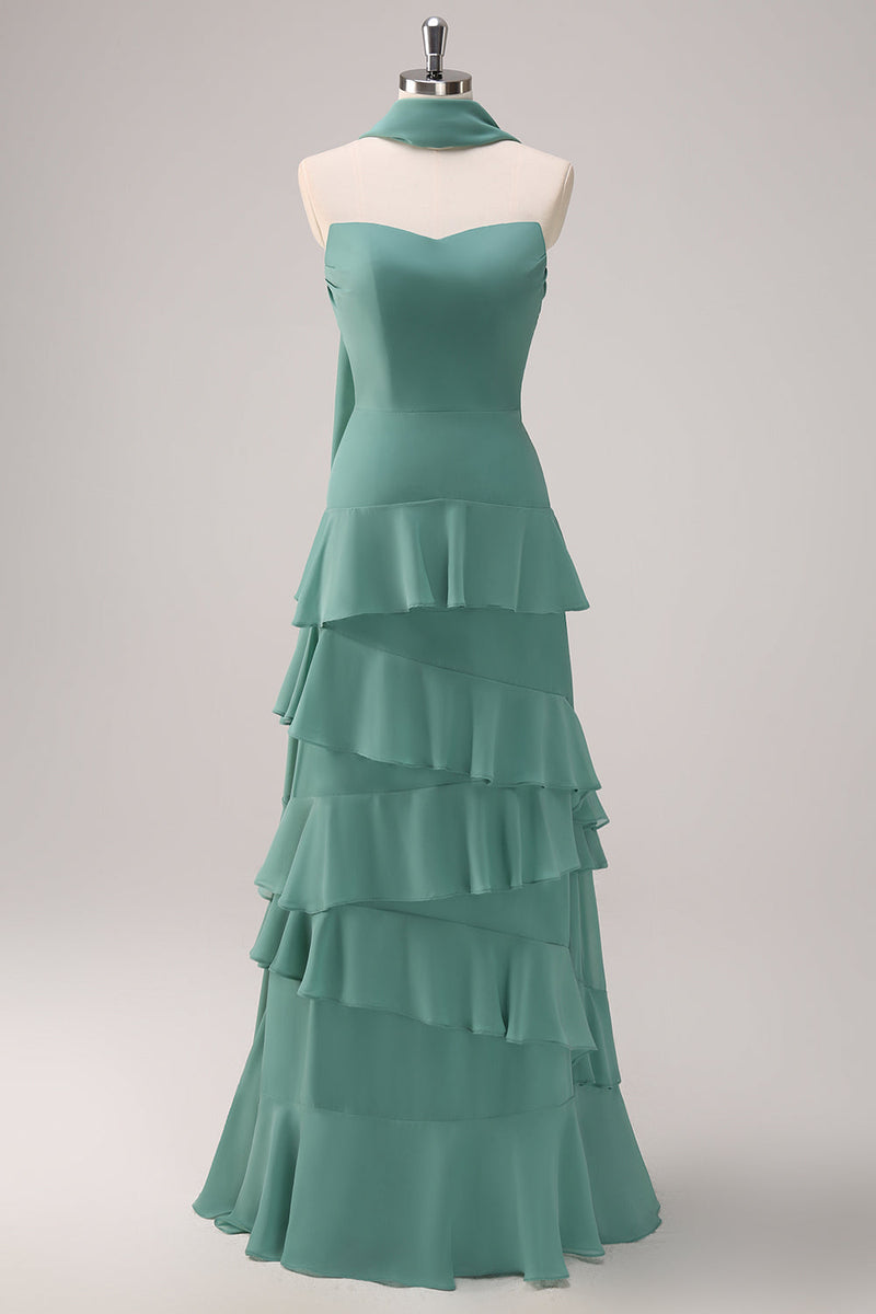 Load image into Gallery viewer, Eucalyptus Strapless Ruffled Bridesmaid Dress with Ribbon