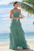 Load image into Gallery viewer, Eucalyptus A Line Strapless Ruffled Long Bridesmaid Dress with Ribbon