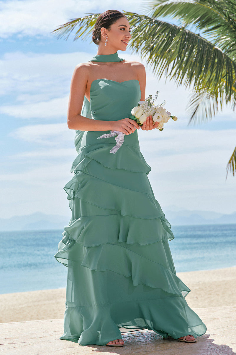 Load image into Gallery viewer, Eucalyptus A Line Strapless Ruffled Long Bridesmaid Dress with Ribbon