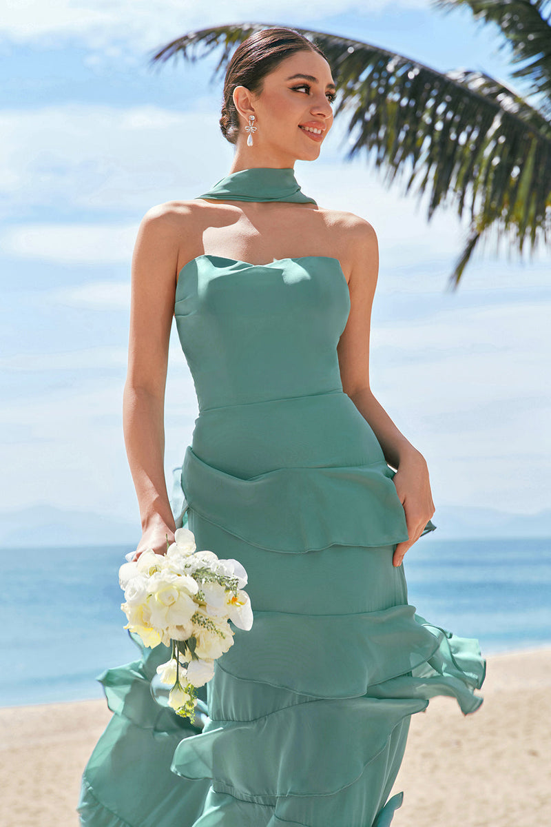 Load image into Gallery viewer, Eucalyptus A Line Strapless Ruffled Long Bridesmaid Dress with Ribbon