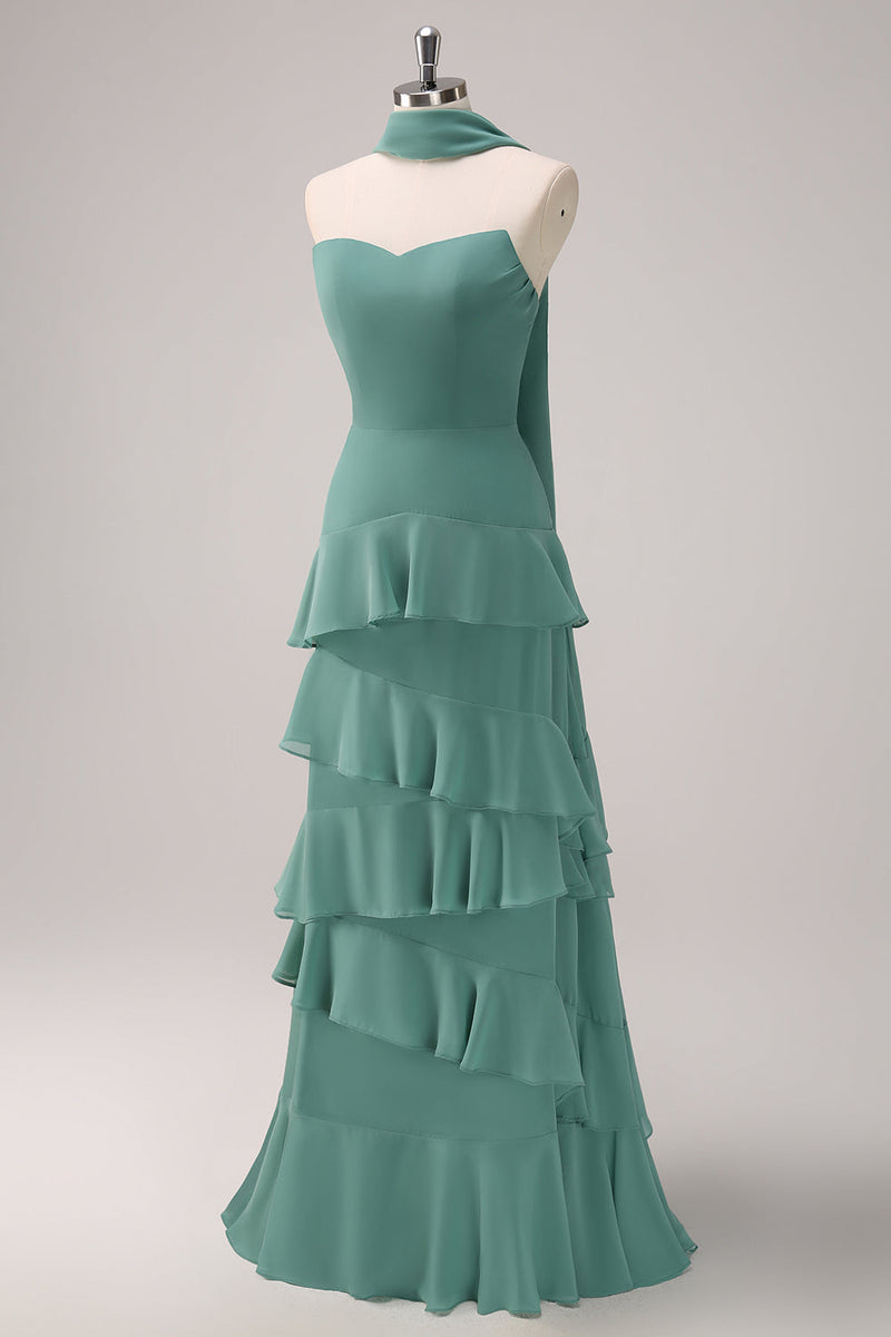 Load image into Gallery viewer, Eucalyptus Strapless Ruffled Bridesmaid Dress with Ribbon