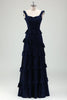 Load image into Gallery viewer, Black Chiffon A Line Spaghetti Straps Tiered Bridesmaid Dress