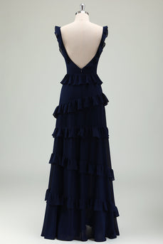 Black Chiffon A Line Spaghetti Straps Tiered Bridesmaid Dress