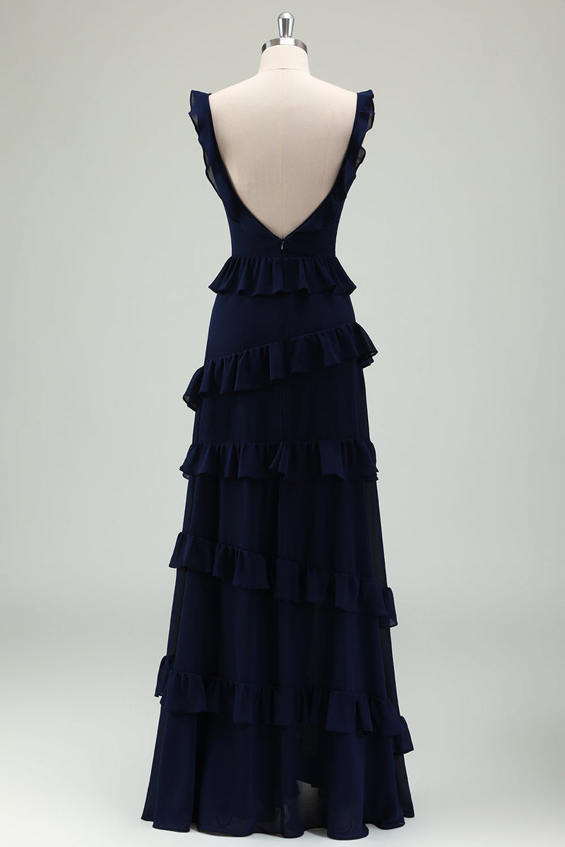 Load image into Gallery viewer, Black Chiffon A Line Spaghetti Straps Tiered Bridesmaid Dress