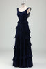 Load image into Gallery viewer, Black Chiffon A Line Spaghetti Straps Tiered Bridesmaid Dress