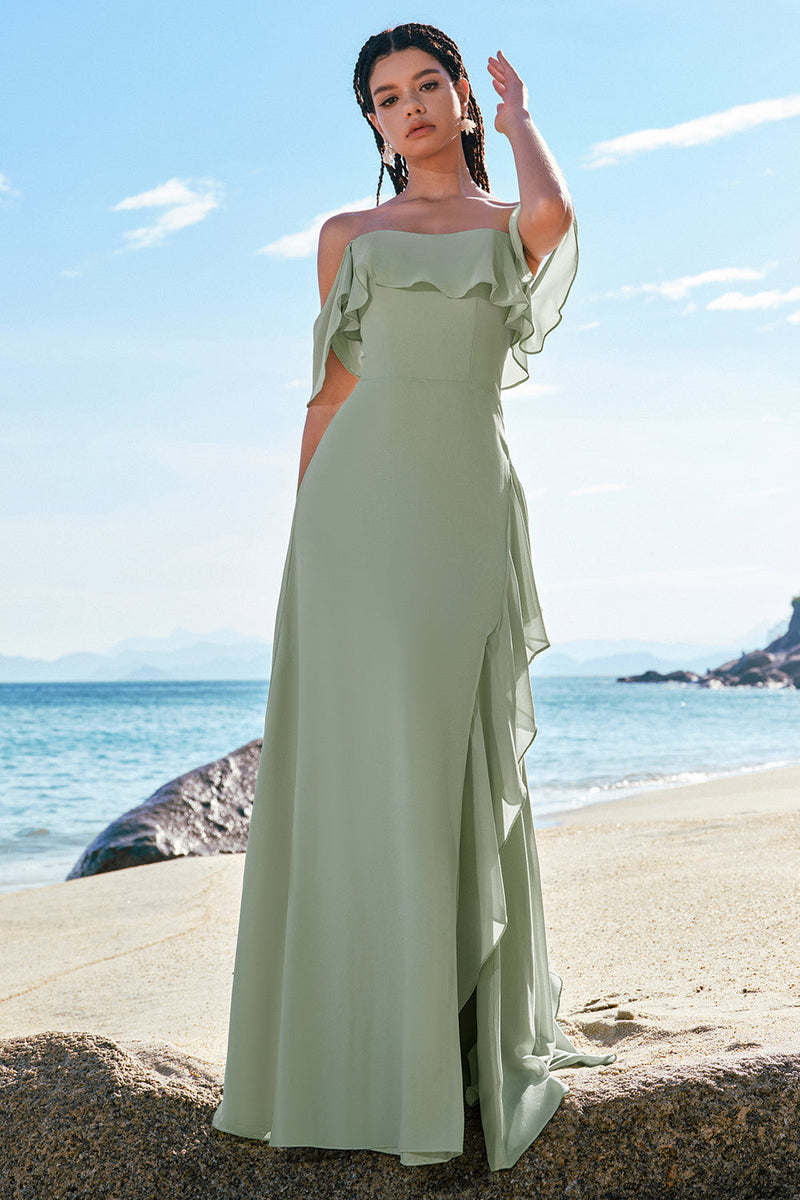 Load image into Gallery viewer, Light Green Mermaid Off the Shoulder Long Bridesmaid Dress with Ruffle Slit