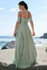 Load image into Gallery viewer, Light Green Mermaid Off the Shoulder Long Bridesmaid Dress with Ruffle Slit