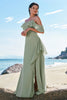 Load image into Gallery viewer, Light Green Mermaid Off the Shoulder Long Bridesmaid Dress with Ruffle Slit