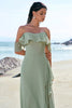 Load image into Gallery viewer, Light Green Mermaid Off the Shoulder Long Bridesmaid Dress with Ruffle Slit