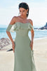 Load image into Gallery viewer, Light Green Mermaid Off the Shoulder Long Bridesmaid Dress with Ruffle Slit