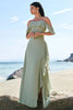 Load image into Gallery viewer, Light Green Mermaid Off the Shoulder Long Bridesmaid Dress with Ruffle Slit