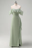 Load image into Gallery viewer, Light Green Sheath Off the Shoulder Ruffled Bridesmaid Dress with Slit