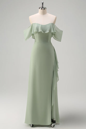 Light Green Sheath Off the Shoulder Ruffled Bridesmaid Dress with Slit