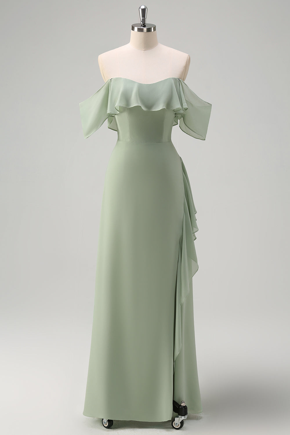 Light Green Sheath Off the Shoulder Ruffled Bridesmaid Dress with Slit