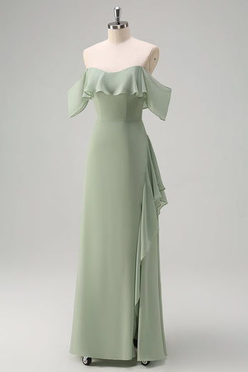 Light Green Sheath Off the Shoulder Ruffled Bridesmaid Dress with Slit