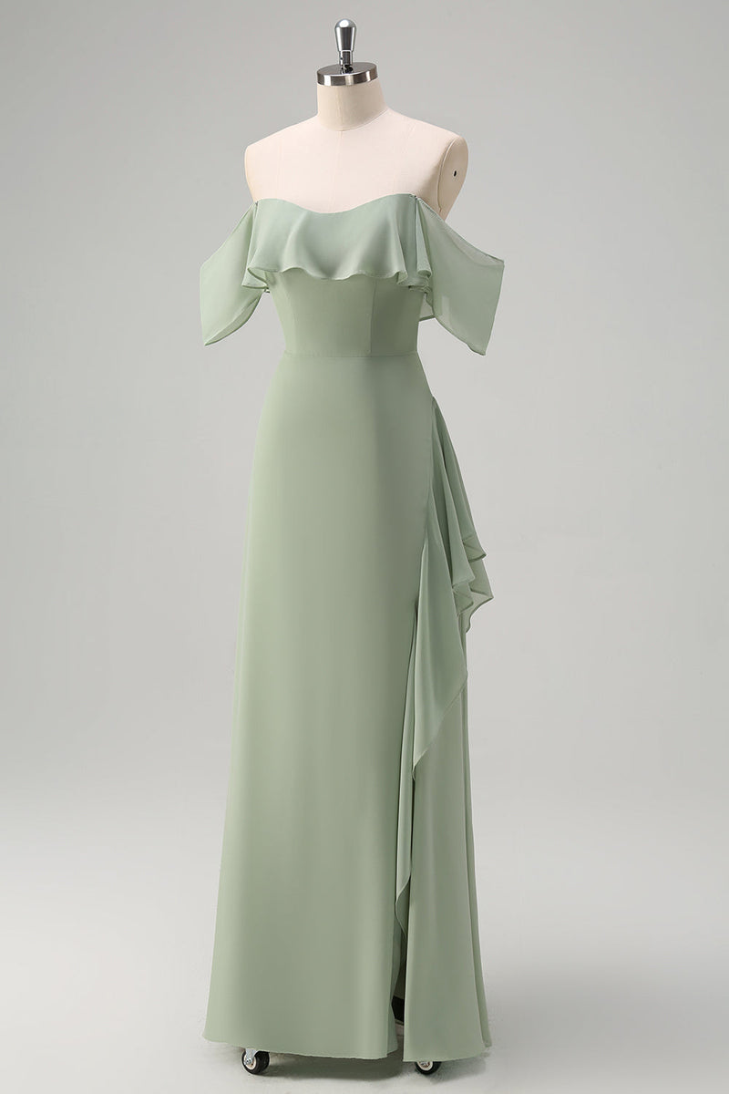 Load image into Gallery viewer, Light Green Sheath Off the Shoulder Ruffled Bridesmaid Dress with Slit