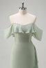 Load image into Gallery viewer, Light Green Sheath Off the Shoulder Ruffled Bridesmaid Dress with Slit