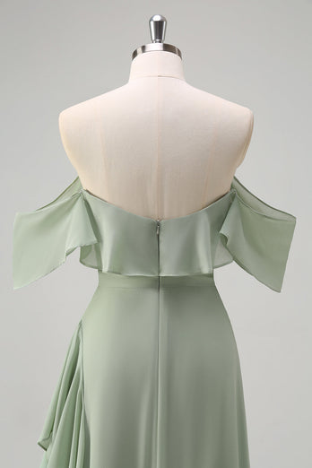 Light Green Sheath Off the Shoulder Ruffled Bridesmaid Dress with Slit