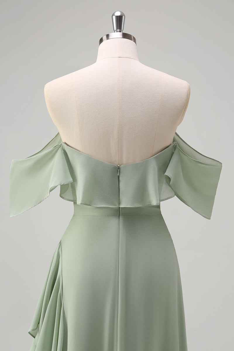 Load image into Gallery viewer, Light Green Sheath Off the Shoulder Ruffled Bridesmaid Dress with Slit