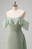 Load image into Gallery viewer, Light Green Sheath Off the Shoulder Ruffled Bridesmaid Dress with Slit