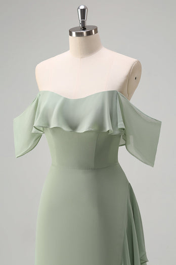 Light Green Sheath Off the Shoulder Ruffled Bridesmaid Dress with Slit