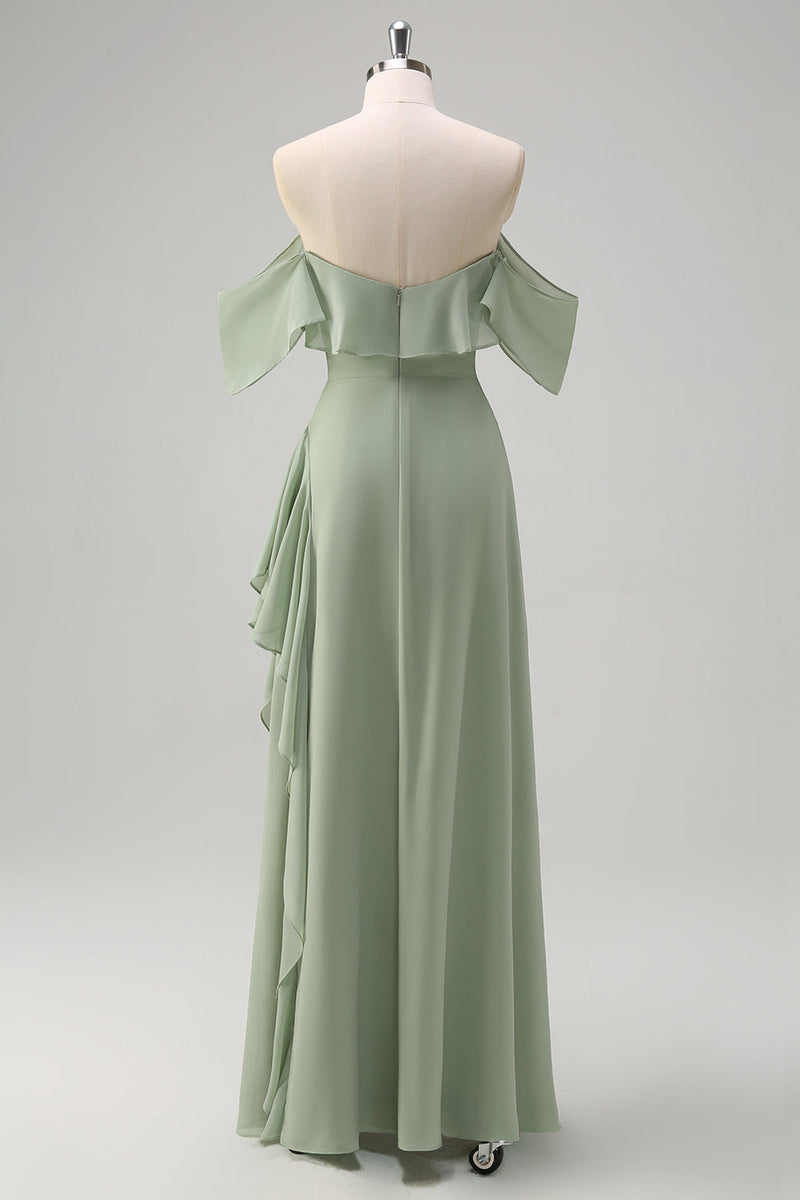 Load image into Gallery viewer, Light Green Sheath Off the Shoulder Ruffled Bridesmaid Dress with Slit