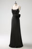 Load image into Gallery viewer, Black Mermaid Spaghetti Straps Ruffed Bow Back Satin Long Bridesmaid Dress