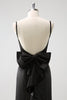 Load image into Gallery viewer, Black Mermaid Spaghetti Straps Ruffed Bow Back Satin Long Bridesmaid Dress