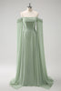 Load image into Gallery viewer, Light Green Cold Shoulder Detachable Sleeves A-Line Chiffon Long Bridesmaid Dress