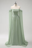 Light Green Cold Shoulder Detachable Sleeves Chiffon Bridesmaid Dress
