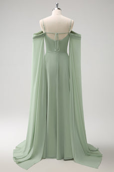 Light Green Cold Shoulder Detachable Sleeves A-Line Chiffon Long Bridesmaid Dress