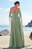 Load image into Gallery viewer, Light Green Cold Shoulder Detachable Sleeves Chiffon Bridesmaid Dress