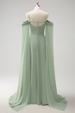 Light Green Cold Shoulder Detachable Sleeves Chiffon Bridesmaid Dress