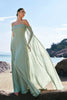 Load image into Gallery viewer, Light Green Cold Shoulder Detachable Sleeves A-Line Chiffon Long Bridesmaid Dress