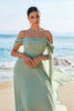 Load image into Gallery viewer, Light Green Cold Shoulder Detachable Sleeves Chiffon Bridesmaid Dress