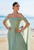 Load image into Gallery viewer, Light Green Cold Shoulder Detachable Sleeves Chiffon Bridesmaid Dress