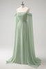 Load image into Gallery viewer, Light Green Cold Shoulder Detachable Sleeves A-Line Chiffon Long Bridesmaid Dress